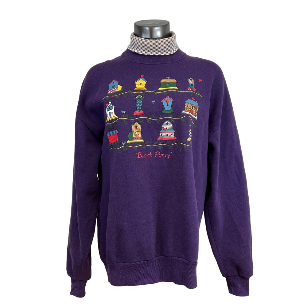 Vtg Gopher Sport Womens Mock Neck Sweatshirt Bird Houses Gardening Block Party L